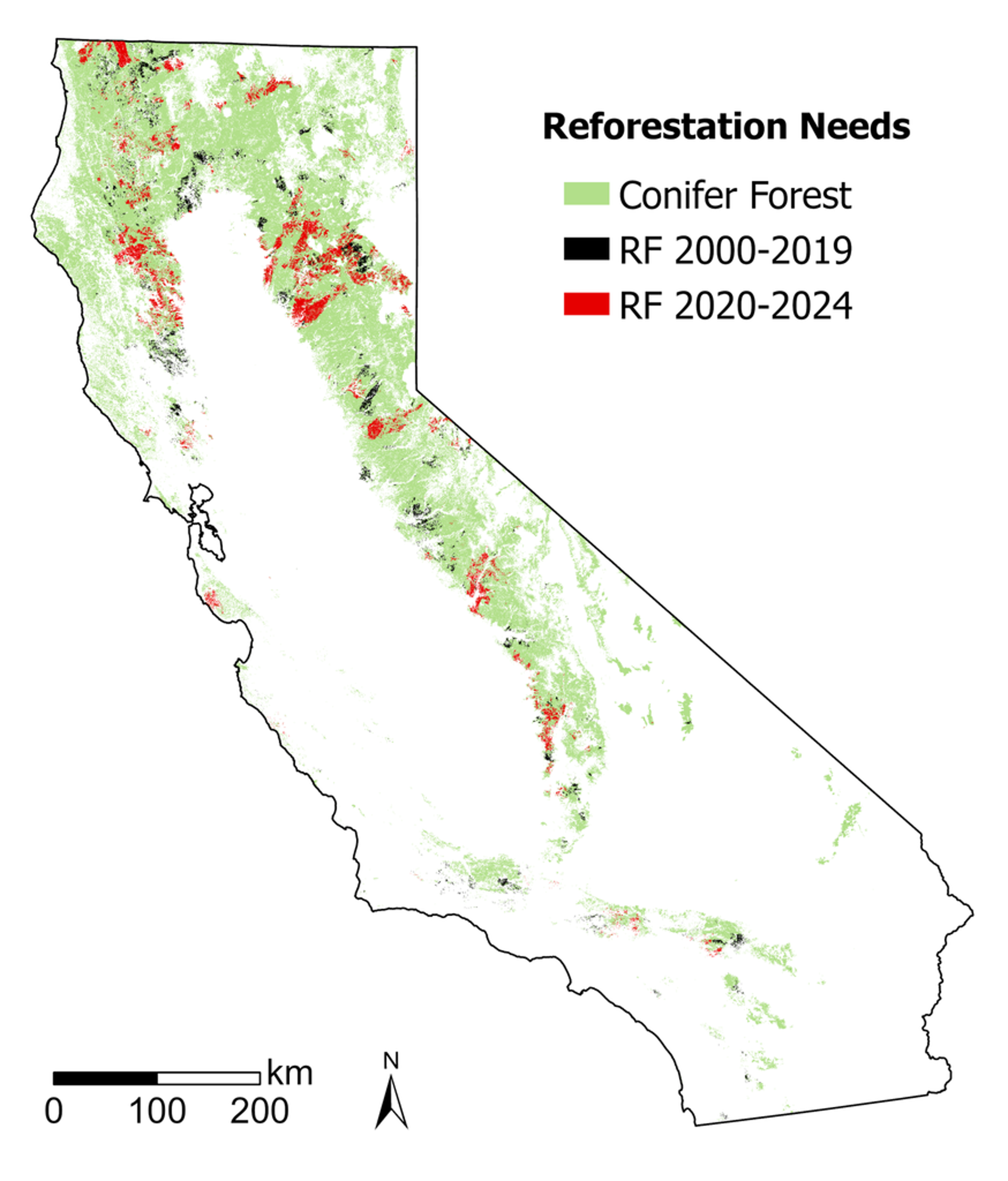 Map of California showing conifer forests and reforestation need areas.